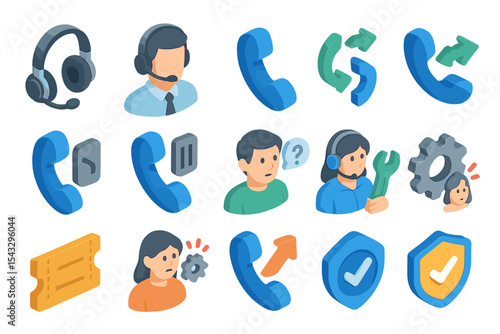 Isometric customer support icons with headsets and tools