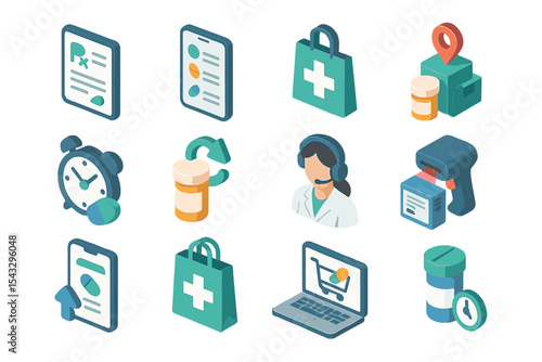 Isometric icons for online pharmacy and delivery services