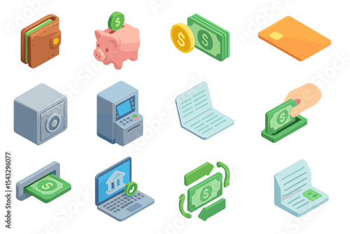 Financial icons collection: savings, transactions, banking, and investments