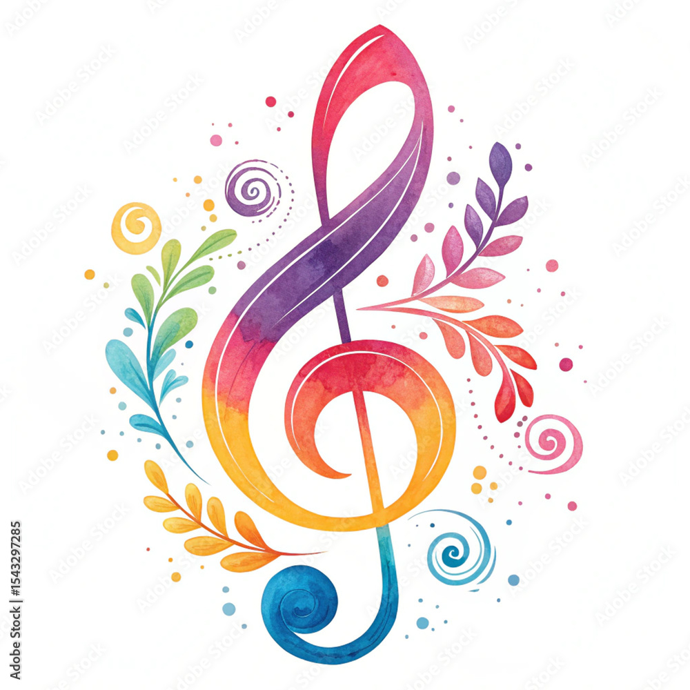 Fototapeta premium Colorful watercolor treble clef with floral design isolated on transparent background