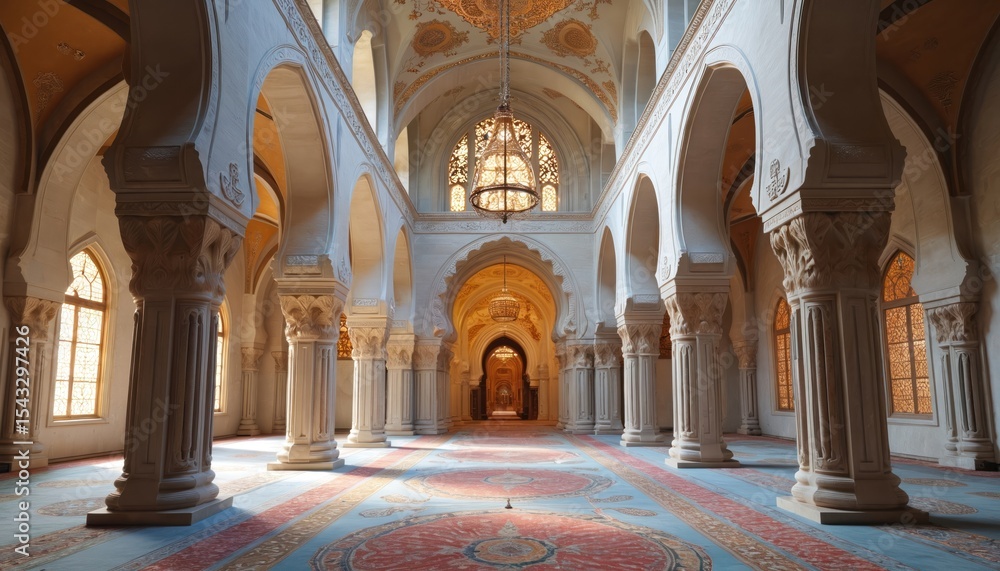 Obraz premium Ornate Islamic prayer hall interior. Arabic architectural design with arch, columns. Golden light, empty, serene space with patterned carpet, elegant decoration, lighting, peaceful environment.