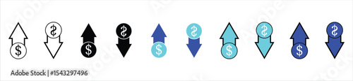 Dollar Up and Down Arrow Icons – Financial Growth and Decline Symbol for Economy, Price Changes, or Investment Trends