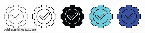 Gear Check Icon Set – System Configuration and Successful Settings Symbols