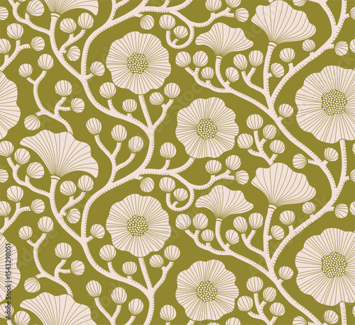 Abstract branch floral line art seamless pattern, flower pattern background.