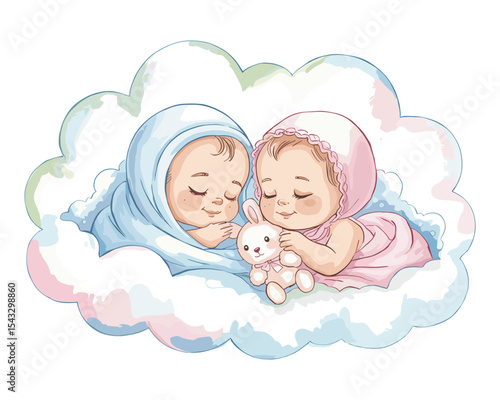 Adorable Twin Babies Sleeping on a Cloud Vector Illustration