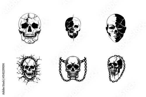 Six skull silhouettes cracked chained and half face design silhouette
