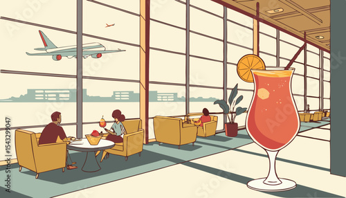 Sunlit airport lounge bar scene; vibrant tropical cocktails, comfy seating, bright atmosphere. Generate a high-resolution image.      