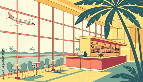 Sunlit airport lounge bar scene; vibrant tropical cocktails, comfy seating, bright atmosphere. Generate a high-resolution image.      