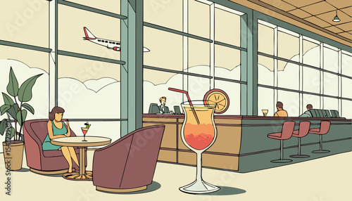 Sunlit airport lounge bar scene; vibrant tropical cocktails, comfy seating, bright atmosphere. Generate a high-resolution image.      