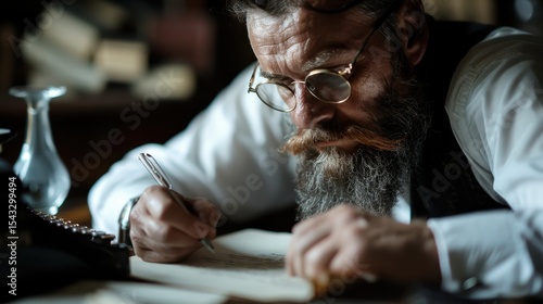 A thoughtful scholar, immersed in writing with a classic pen, showcases an atmosphere rich in knowledge and dedication, accented by an antique typewriter and warm light.