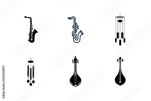 Musical instruments and wind chimes silhouette
