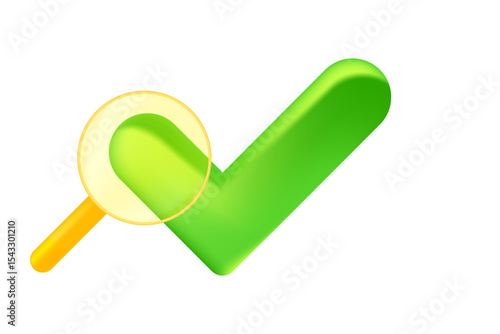 Cute green 3D security check mark icon with search magnifier glass icon isolated, transparent background. Glowing glass texture cyber data protection, safety or trust illustration