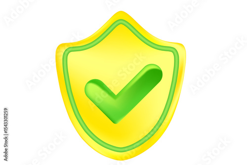 Cute gold 3D security shield icon with green check mark isolated, transparent background. Glowing glass or plastic texture cyber data protection, safety or trust illustration