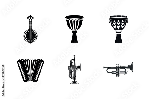 Musical instruments silhouette icons set