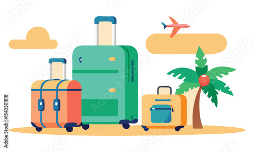 Three suitcases ready for tropical vacation isolated on white background