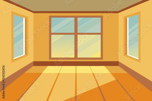 Empty spacious room with a window, showcasing minimalist interior design and wooden floor
