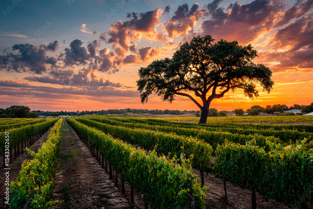 Fototapeta premium Serene sunset over a Texas vineyard, showcasing rows of grapevines and a majestic oak tree. Ideal for wine labels, travel brochures, or agricultural publications.
