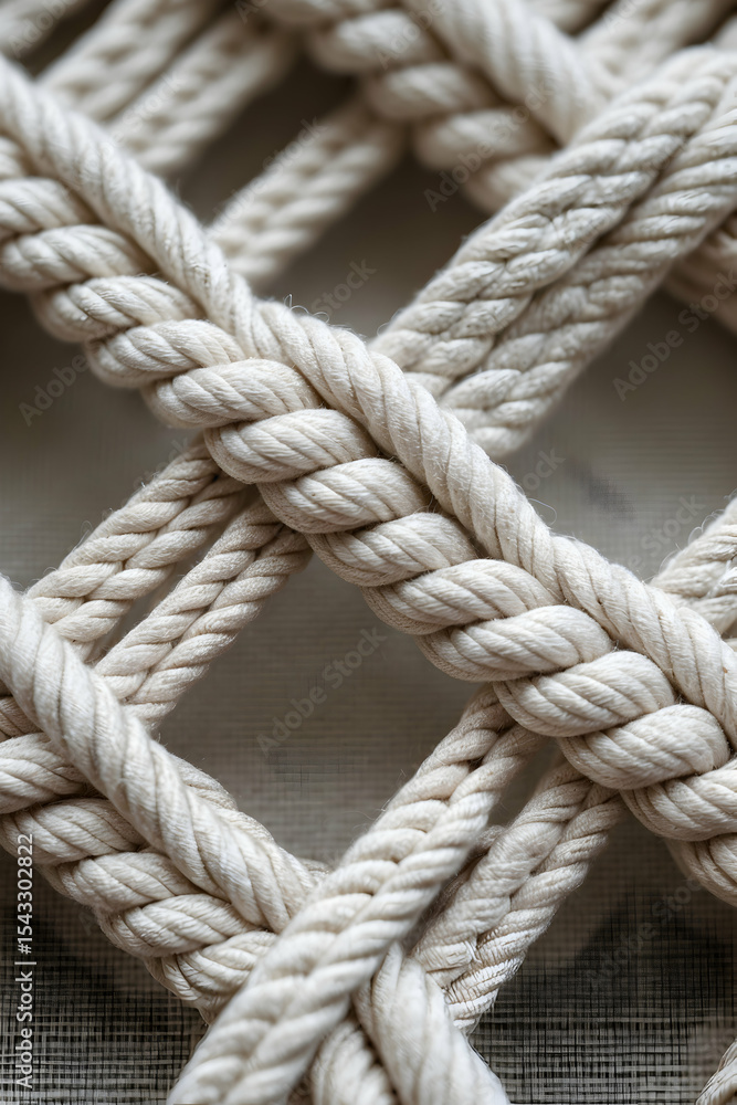 Fototapeta premium Close-up of beige rope grid pattern, showing interwoven cords