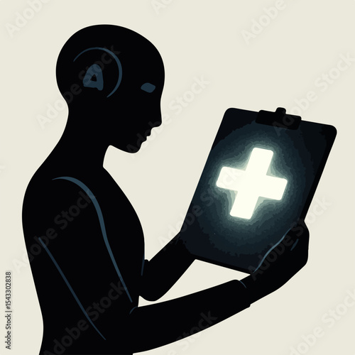 Futuristic Healthcare Silhouette of a Humanoid Figure Examining a Glowing Medical Cross on a Clipboard Representing Advanced Medical Technology and Artificial Intelligence in Healthcare