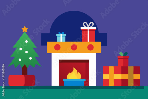 A charming cartoon Christmas scene with a festive tree, various gifts, and a snowy town creates a delightful holiday illustration