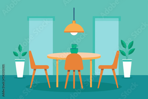 An inviting dining room interior features a wooden table and chairs, perfect for home dining