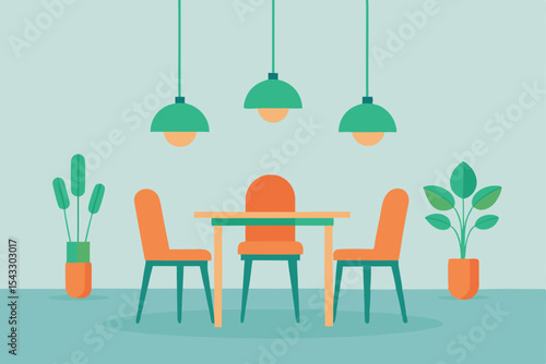 Vector illustration of a dining room interior with wooden table and chairs, perfect for home or restaurant design