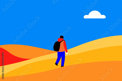 Man traverses the vast, hot desert dunes and walks along the sandy beach under the summer sky