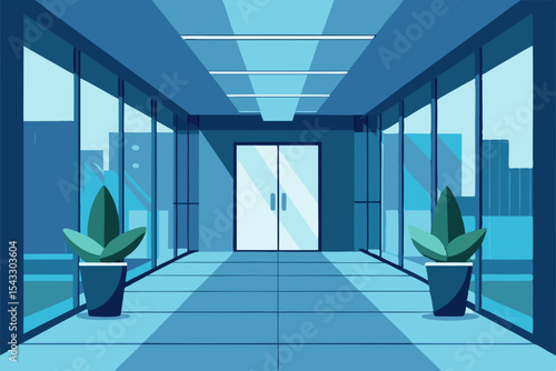 Modern interior of an empty office building corridor with light from windows on the clean floor