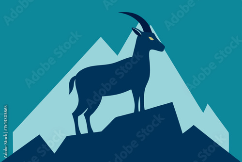 Wild goat on a mountain, an illustration of a cute horned mammal in nature
