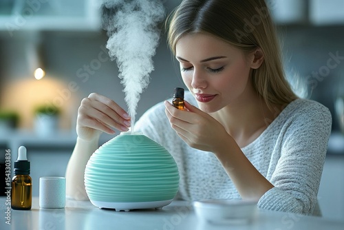 Women dropping essential oil into the humidifier, creating an aromatic atmosphere at home for relaxation and mindfulness., Generative AI