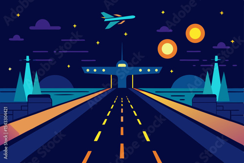 Abstract dark highway illustration with streaking car lights on an asphalt road in a bustling night city