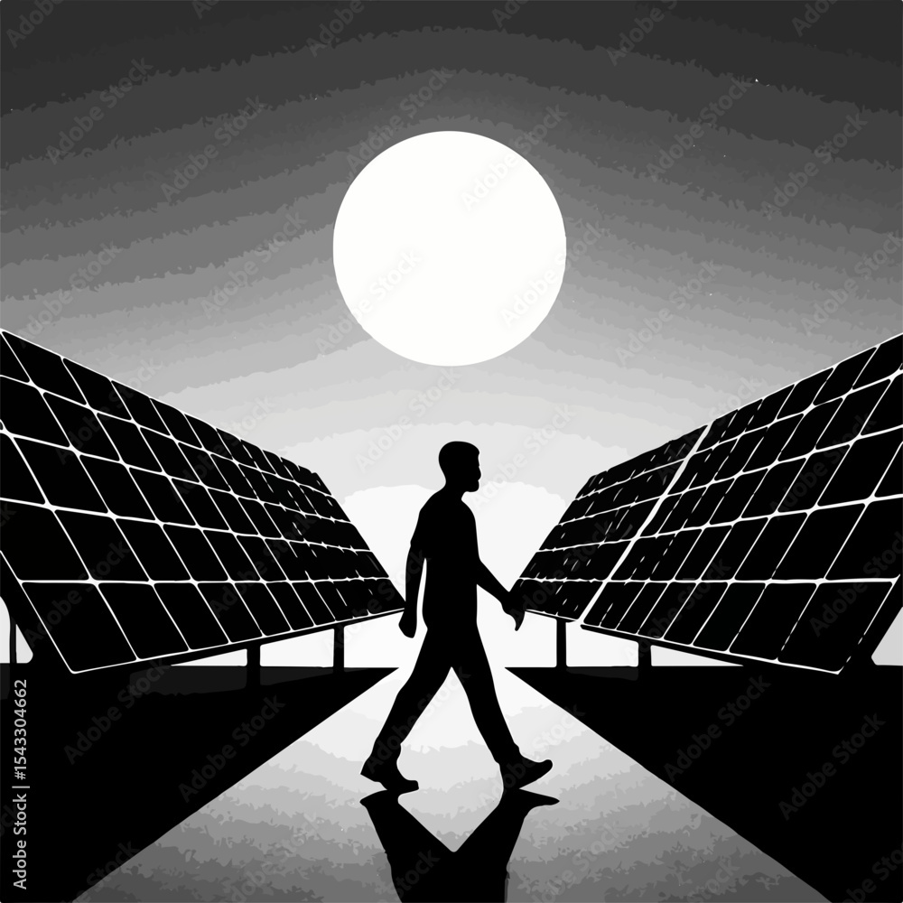 Obraz premium Silhouette of a Person Walking Between Solar Panels Under a Bright Sun Representing Clean Energy and Sustainable Future in a Black and White Illustration