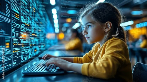 Young girl typing on a computer with glowing code on the screen