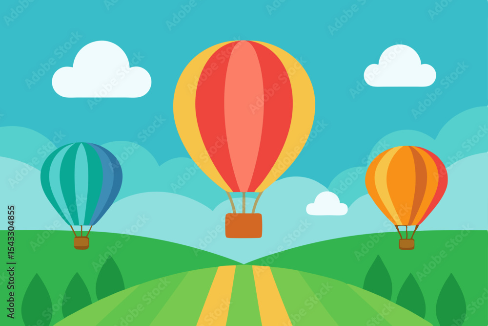 Obraz premium Colorful hot air balloons gracefully fly across a bright summer sky, illustrating adventure and fun in a vibrant landscape