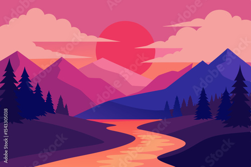 Snowy mountain landscape at dawn with a vibrant sky, mist, and silhouetted trees
