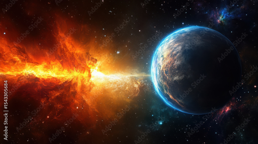 Obraz premium A fiery nebula reaching towards a blue planet in outer space, depicting abstract cosmic energy and galaxy exploration.