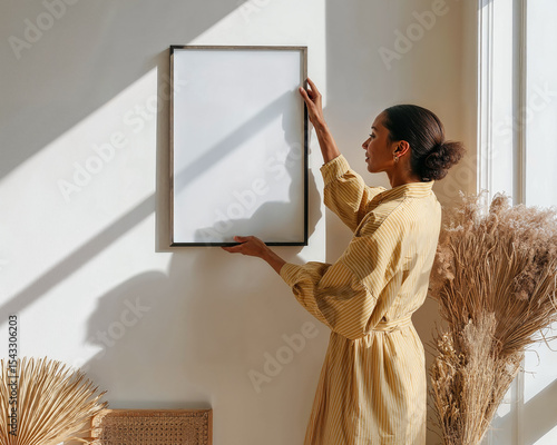 Woman hanging framed poster on white wall in bright minimalist room with cozy, sunlit atmosphere and hyper-realistic detail.