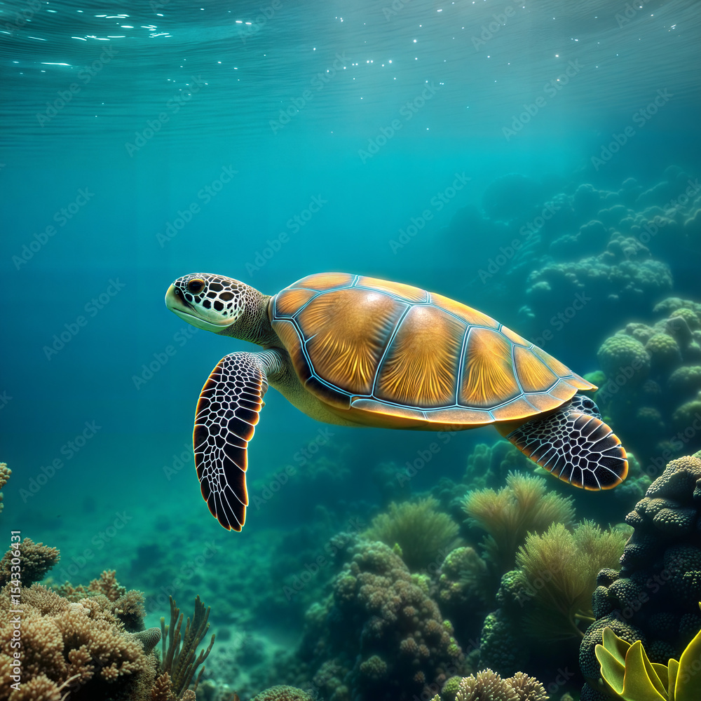 Fototapeta premium Colorful sea turtle swimming gracefully in a vibrant coral reef environment 