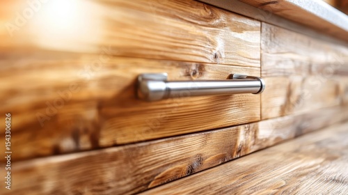 A close-up view of a stylish metallic kitchen drawer handle set against a backdrop of beautifully crafted wooden cabinetry, highlighting modern rustic design elements and craftsmanship.