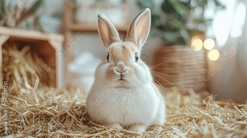 Cute bunny in hay.  Close-up of a light beige and white rabbit seated in a bed of straw.  Soft focus background of a rustic interior