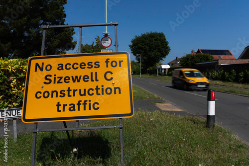 A construction traffic restriction sign near the site of the new Sizewell C nuclear plant in Suffolk, UK