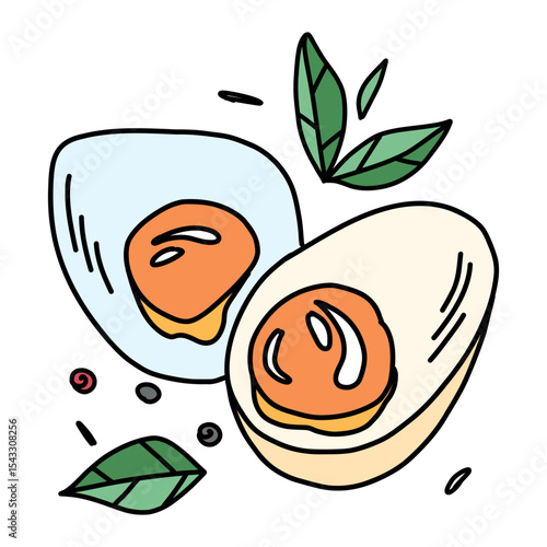 Soft-boiled egg halves with runny yolks in doodle style with herbs and spices