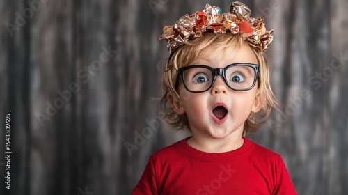 A surprised child wearing oversized glasses and a crown made of shiny tinfoil exhibits pure joy and excitement, capturing the innocence and creativity of childhood in vibrant colors.