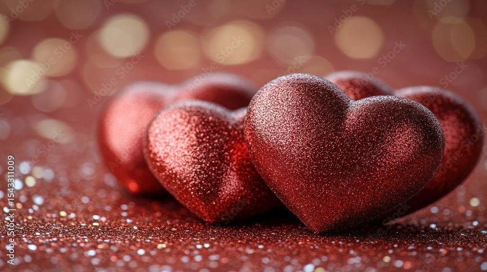 Fototapeta premium Three red hearts on a glittery maroon background