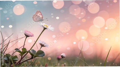 Fototapeta Naklejka Na Ścianę i Meble -  Delicate butterfly on daisy flower in soft sunset light