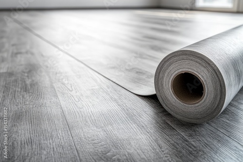 Close-up of grey vinyl flooring roll unrolling across bright modern room. Soft daylight. Wood texture detail. Clean, minimalist renovation process. Home interior improvement concept. Copy space