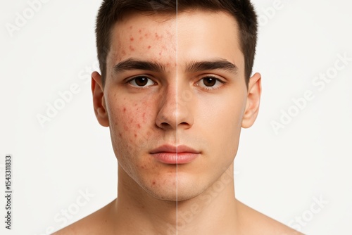  Before and after acne treatment on male face