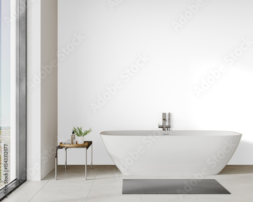 Fototapeta Naklejka Na Ścianę i Meble -  Modern bathroom mockup with center bathtub and twin sink wood vanity in minimalist interior with transparent wall with Realistic Shadows – 3D render