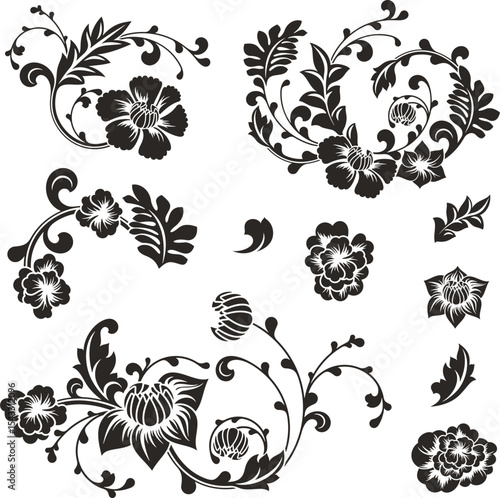 Floral vector ornamental set in traditional Chinese style. Exquisite uxury romantic floral designs and elements for page decorations, wedding decors, invitations, greeting cards, embroidery.