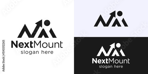 Creative simple next mount logo template. Abstract Letter NM and mountain with arrow up logo design vector illustration.